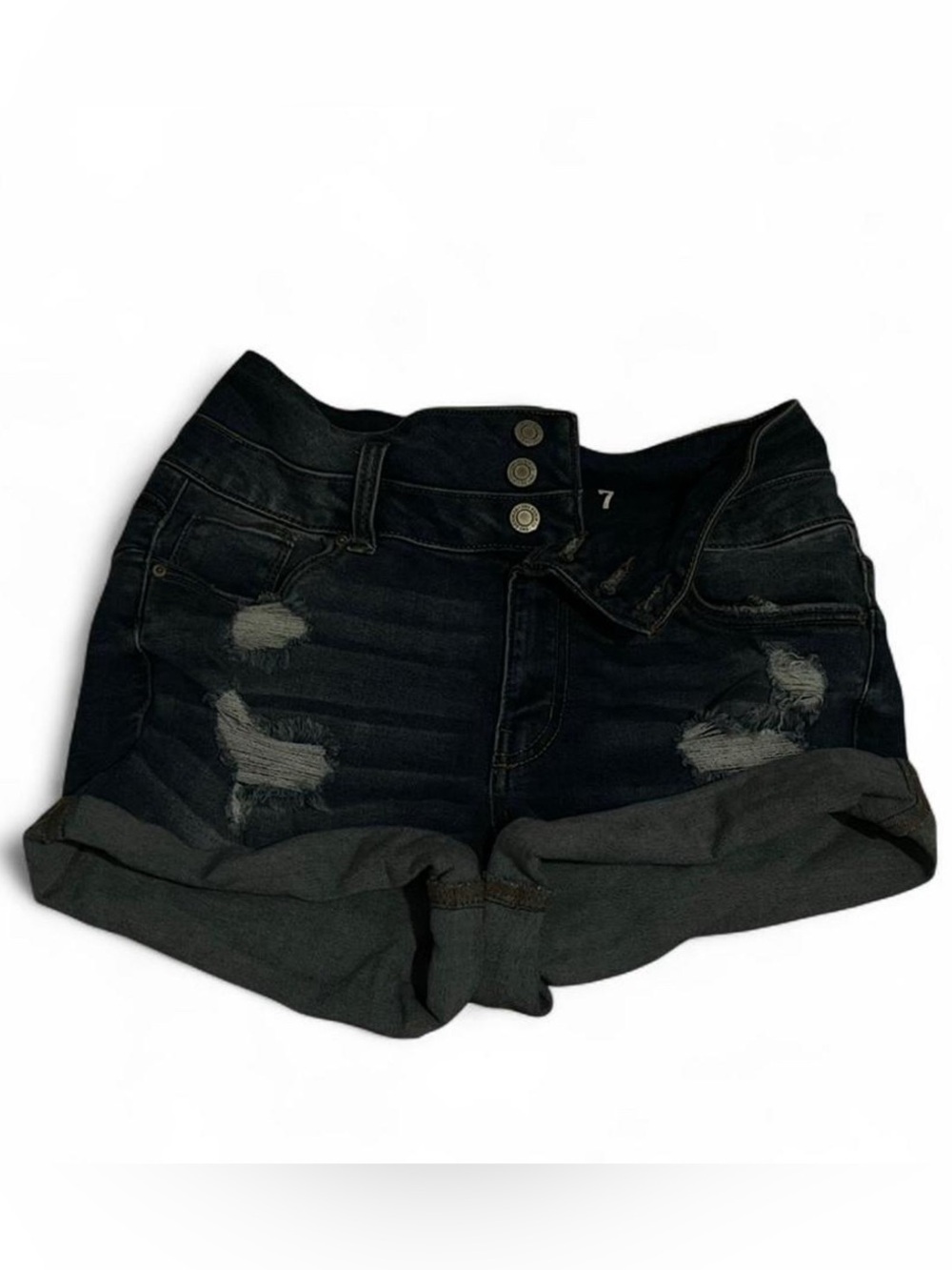 High-Rise Distressed Black Denim Shorts